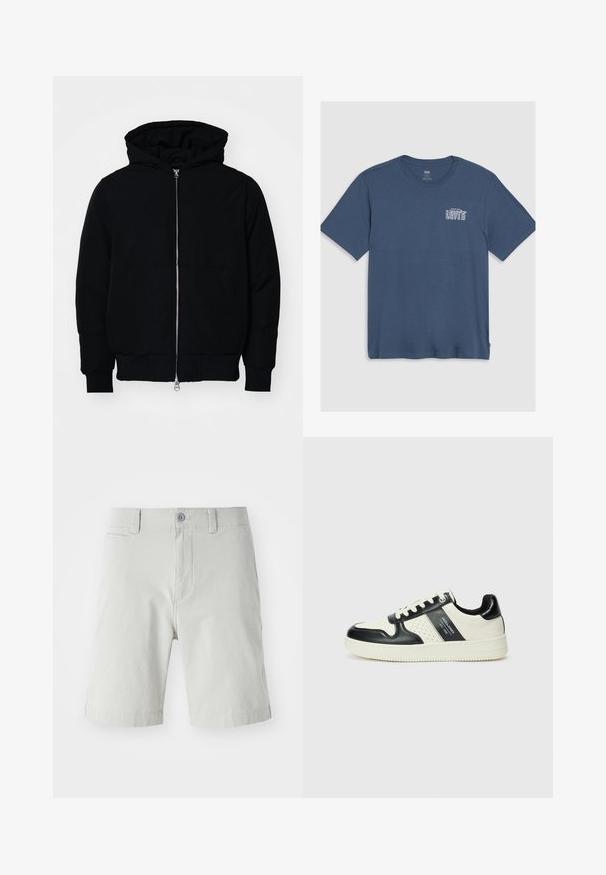 Melna kapucēta jaka ar priekšējo rāvējslēdzēju, kenguru kabatu, ribinātām aprocēm un apakšmalu, parādīta uz vienkārša balta fona.; Zila kokvilnas T-kreklu ar apaļu kaklu un īsām piedurknēm. Baltā "Levi's" logo ir izdrukāts kreisajā krūšu daļā. Vienkāršs dizains.; Gaiši pelēki šorti, izgatavoti no mīkstas auduma, ar pogu aizdari, sānu kabatām un tīru, piegriezuma dizainu. Garums sasniedz vidus celi.; Ādas sporta apavi ar melnbaltu krāsu shēmu, ar perforētiem akcentiem, mīkstinātu apkakli un teksturētu zoli.