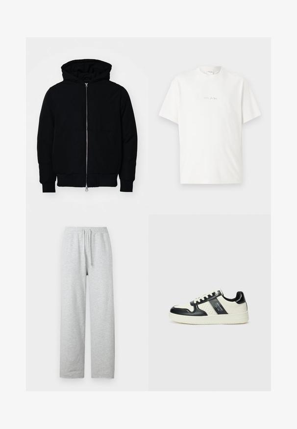 Schwarze Kapuzenjacke mit Frontreißverschluss, Kängurutasche, gerippten Bündchen und Saum, auf einem schlichten weißen Hintergrund präsentiert.; Weißes Baumwoll-T-Shirt mit Rundhalsausschnitt, kurzen Ärmeln und einem kleinen Logo-Aufdruck auf der Vorderseite. Glatte Textur und lässige Passform.; Weekday ASTRO TERRY - Jogginghose - grey melange; Leder-Sneaker in Schwarz- und Cremetönen, mit perforierten Akzenten, einem gepolsterten Kragen und einer strukturierten Laufsohle.