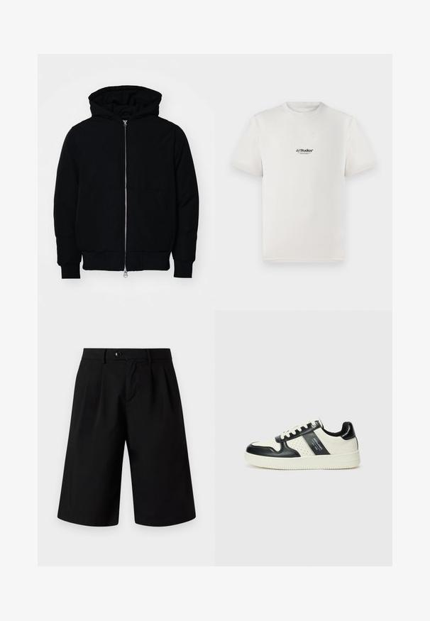 Black hooded jacket with front zipper, kangaroo pocket, ribbed cuffs, and hem, displayed on a plain white background.; White cotton t-shirt with short sleeves, featuring a black "JJ Studios" logo on the chest. Crew neck and standard fit design.; Jack & Jones JPSTBILL FLINT - Shorts - black; Leather sneakers with a black and cream color scheme, featuring perforated accents, a padded collar, and a textured outsole.