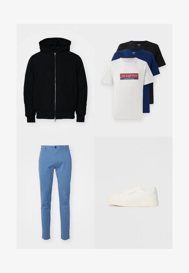 Sort hættejakke med frontlynlås, kængurulomme, ribbede manchetter og kant, præsenteret på en ensfarvet hvid baggrund.; Tre stablede kortærmede t-shirts med runde halsudskæringer i hvid med rød og blå logo, navy blå og sort, præsenteret på hvid baggrund.; DOCKERS SMART SUPREME FLEX SKINNY - Chino - bluefin; Hvide slip-on sneakers med en struktureret overflade, en tyk sål og et minimalistisk design. Har brandlogoet på siden.