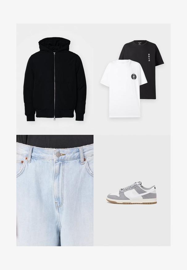 Crna kapuška jakna s prednjim zatvaračem, kenguru džepom, rebrastim manžetama i rubom, prikazana na običnoj bijeloj pozadini.; Dvije pamučne majice: jedna bijela s crnim kružnim grafičkim prikazom i tekstom, a druga crna s vertikalnim bijelim tekstom. Kratki rukavi i okrugli izrez.; Svijetloplave traperice s razdrapanim rubom, zatvaranje na srebrnu dugmad i zakovice u boji bakra. Ima vidljive šavove i prednje džepove.; Sivi i bijeli tenisice s gornjištem od antilopa i kože, okruglim vrhom, ravnim vezicama i gumenim potplatom s dodatkom boje gume.