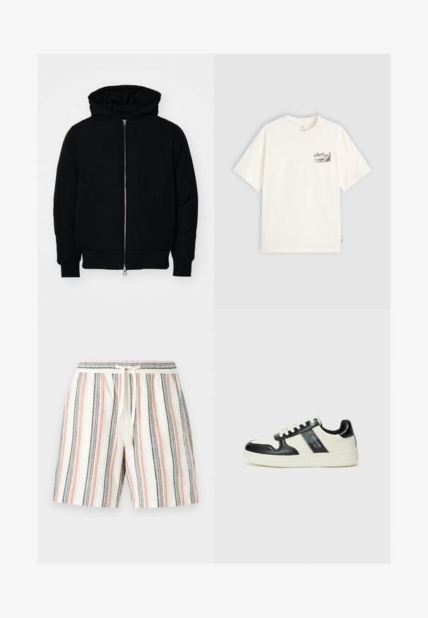 Črna kapuca jakna s sprednjim zadrgo, kenguru žepom, rebrastimi manšetami in hemom, razstavljena na enostavni beli ozadju.; Bela kratka majica iz bombaža s črno grafiko na levem prsnem predelu, ki vsebuje besedo "Fresh."; Pantalone kratki s prugicama, naređen iz lagane tkanine, s vertikalnim prugama u bijeloj, ružičastoj, sivoj i crnoj boji, s elastikom u struku i vezicom.; Usnjeni športni čevlji z črno in krem barvno shemo, ki vključujejo perforirane dodatke, podložen ovratnik in strukturirano podplat.