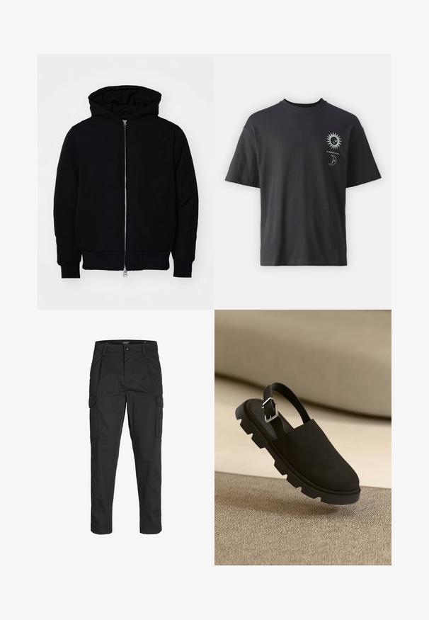 Svart hettejakke med frontglidelås, kengurulomme, ribbestrikket mansjetter og søm, vist på en ensfarget hvit bakgrunn.; Svart bomullst-skjorte med korte ermer, rund hals og frontgrafikk av en sol og måne, ledsaget av teksten "Le Soleil et La Lune."; Sorte cargo bukser laget av slitesterkt stoff, med flere lommer, knappelukking og en slim fit-design med avsmalnede ben.; Sorte semel støvlett med tykk, teksturert såle og sølvspenne detalj. Elegant design med minimalistisk stil, svevende over en teksturert overflate.