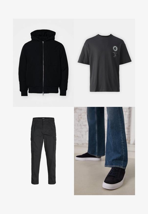 Černá kapucňová bunda s předním zipem, klokaní kapsou, vroubkovanými manžetami a spodním lemem, vystavená na čistém bílém pozadí.; Černé bavlněné tričko s krátkým rukávem, kulatým výstřihem a předními grafikami slunce a měsíce, doplněné textem "Le Soleil et La Lune."; Černé cargo kalhoty vyrobené z odolné tkaniny, s mnoha kapsami, knoflíkovým zapínáním a slim fit střihem se zúženými nohavicemi.; Tmavě modré semišové tenisky s bílou gumovou podrážkou a tkaničkami, zkombinované s širokými džíny v středně modré praní.