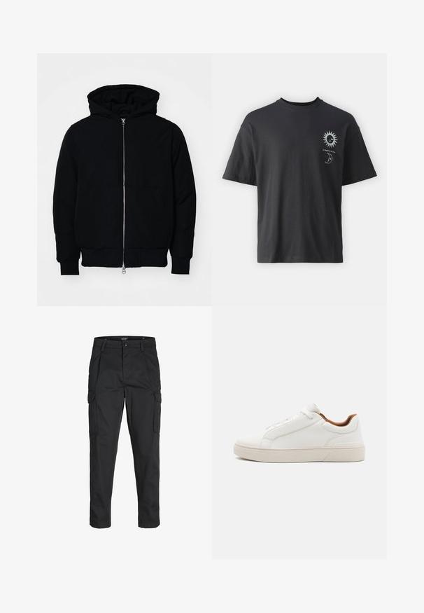 Mustat huppu-untuvatakki, jossa on vetoketju edessä, kenguru-tasku, ribatut hihansuut ja helma, esillä yksinkertaisella valkoisella taustalla.; Musta puuvillapaita lyhyillä hihoilla, pyöreällä kaula-aukolla ja etupuolella graafiset kuvat auringosta ja kuusta, tekstinä "Le Soleil et La Lune."; Mustat cargo-housut, jotka on valmistettu kestävästä kankaasta. Housuissa on useita taskuja, nappisulku ja kapea istuvuus, jossa on kapenevat lahkeet.; ALDO LUTON - Matalavartiset tennarit - white