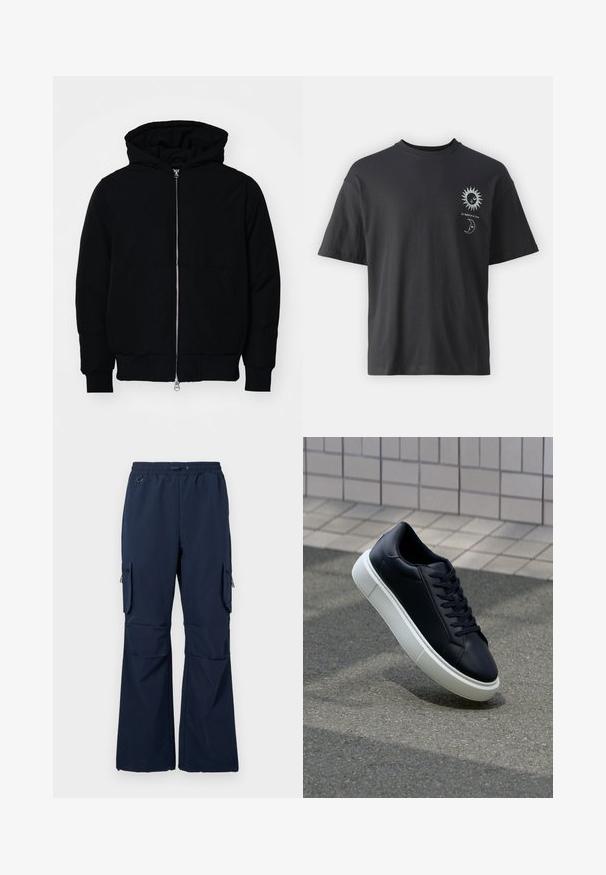 Melna kapucēta jaka ar priekšējo rāvējslēdzēju, kenguru kabatu, ribinātām aprocēm un apakšmalu, parādīta uz vienkārša balta fona.; Melna kokvilnas t-krekls ar īsām piedurknēm, apaļu apkakli un priekšpusē attēlotiem saules un mēness grafikas, kopā ar tekstu "Le Soleil et La Lune."; Jūras jostas bikses, kas izgatavotas no viegla auduma, ar regulējamu jostasvietu, divām sānu kabatām un kabatām ar rāvējslēdzējiem abās kājās.; Melnas ādas kedas ar noapaļotu pirkstu un baltu gumijas zoli. Iespējas - plakanas šņorītes un minimāla apdare augšdaļā. Struktūrēta zole, lai nodrošinātu saķeri.