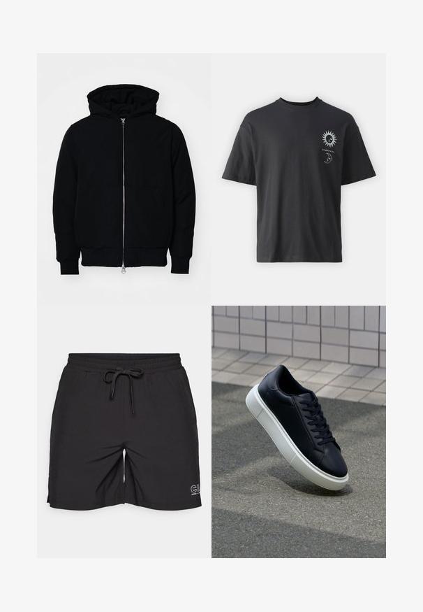 Mustat huppu-untuvatakki, jossa on vetoketju edessä, kenguru-tasku, ribatut hihansuut ja helma, esillä yksinkertaisella valkoisella taustalla.; Musta puuvillapaita lyhyillä hihoilla, pyöreällä kaula-aukolla ja etupuolella graafiset kuvat auringosta ja kuusta, tekstinä "Le Soleil et La Lune."; Mustat shortsit, jotka on valmistettu pehmeästä kankaasta, jossa on joustava vyötärö ja nauha, sekä sivuhalkiot liikkumisen helpottamiseksi.; Mustat nahkakengät, joissa on pyöristetty kärki ja valkoinen kumipohja. Varusteena litteät nauhat ja minimaalinen ommel ylhäällä. Teksturoitu pohja pitävyyden lisäämiseksi.