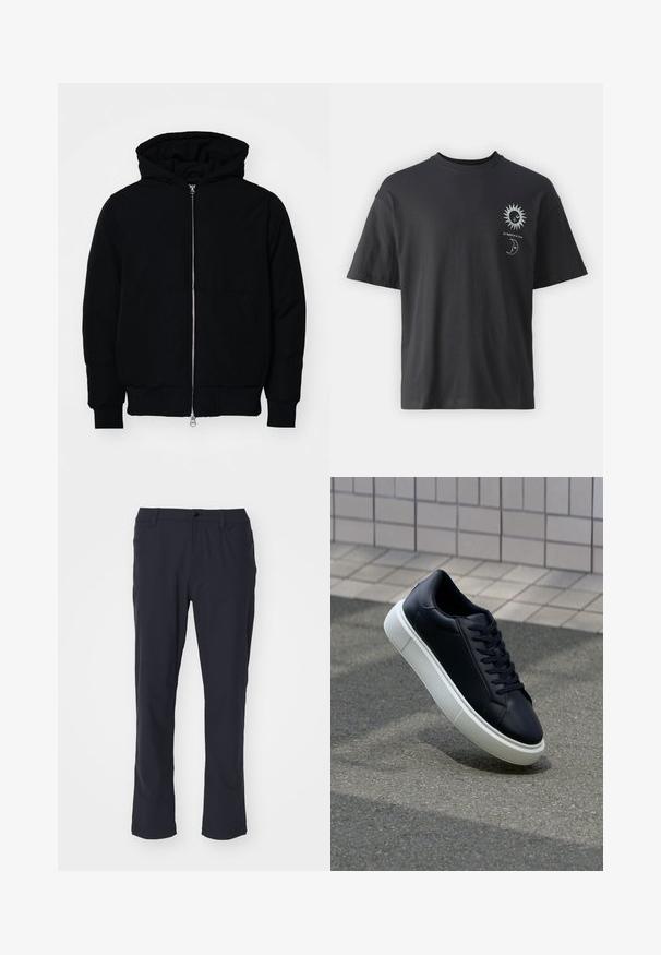 Čierna kapucňová bunda s predným zipsom, klokaními vreckami, rebrovanými manžetami a lemom, zobrazená na bielom pozadí.; Čierne bavlnené tričko s krátkymi rukávmi, okrúhlym výstrihom a prednými grafikami slnka a mesiaca, doplnené textom "Le Soleil et La Lune."; Námornícky modré nohavice s rovnými nohavicami vyrobené z hladkej látky. Obsahujú predný gombík, pútka na opasok a bočné vrecká. Jednoduchý dizajn bez vzorov.; Čierne kožené tenisky s okrúhlou špičkou a bielou gumovou podrážkou. Majú ploché šnúrky a minimálne šitie na vrchu. Textúrovaná podrážka pre lepšiu priľnavosť.