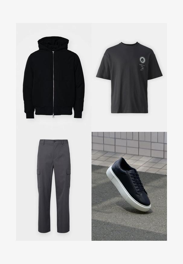 Chaqueta negra con capucha, cierre frontal, bolsillo tipo canguro, y puños y dobladillo acanalados, exhibida sobre un fondo blanco liso.; Camiseta de algodón negra con mangas cortas, cuello redondo y gráficos en la parte frontal de un sol y una luna, acompañados del texto "Le Soleil et La Lune."; Pantalones cargo de color gris carbón hechos de tela suave, con un diseño de pierna recta, dos bolsillos laterales y un cierre de botón en la cintura.; Zapatilla de cuero negro con punta redonda y suela de goma blanca. Presenta cordones planos y un mínimo de costuras en la parte superior. Suela texturizada para proporcionar agarre.