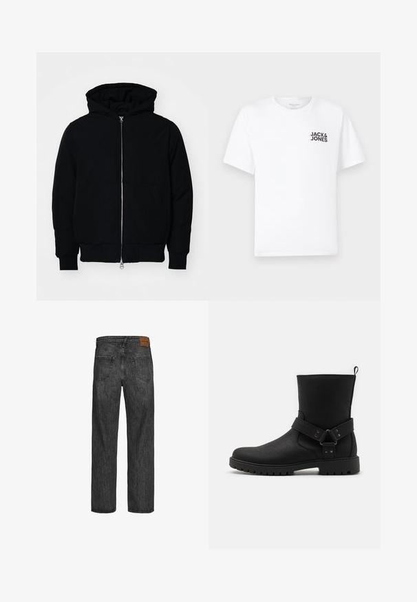 Chaqueta negra con capucha, cierre frontal, bolsillo tipo canguro, y puños y dobladillo acanalados, exhibida sobre un fondo blanco liso.; Camiseta de algodón blanca, de manga corta, cuello redondo. Presenta el logo de texto en negro "JACK & JONES" en el área del pecho izquierdo. Diseño simple y liso.; Jeans de mezclilla negra con un diseño de pierna recta, estilo de cinco bolsillos y un parche de cuero marrón en la cinturilla. Tejido texturizado con detalles de costura.; Botas negras de tobillo con parte superior de cuero texturizado, que cuentan con una correa lateral con adornos metálicos y una suela de goma con tacos para mayor tracción.