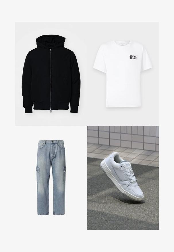 Melna kapucēta jaka ar priekšējo rāvējslēdzēju, kenguru kabatu, ribinātām aprocēm un apakšmalu, parādīta uz vienkārša balta fona.; Balts kokvilnas t-krekls, īsām piedurknēm, apaļo kakla izgriezumu. Uz kreisās krūts daļas ir melna teksta druka "JACK & JONES". Vienkāršs, bezpušķains dizains.; Gaiši zili džinsu kravas bikses ar brīvu piegriezumu, līdz ceļiem garumu, divām sānu kabatām un pogu aizdari. Izplūduša tekstūra visā biksēs.; Baltas ādas sporta apavi ar perforētiem sāniem, teksturētām akcentiem, plakanu šņorēšanu un kontrastējošu pelēku papēdi. Iezīmē nedaudz paaugstinātu zole.