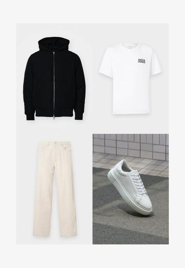 Veste à capuche noire avec fermeture éclair sur le devant, poche kangourou, poignets et ourlet côtelés, présentée sur un fond blanc uni.; T-shirt en coton blanc, à manches courtes, col rond. Présente un logo en texte noir "JACK & JONES" sur la poitrine gauche. Design simple et sobre.; Pantalons larges beiges en tissu texturé, dotés d'une fermeture à bouton, de passants de ceinture et d'un style de poche classique.; Baskets en cuir blanc avec une surface lisse, bout rond et lacets plats blancs. Présentent une semelle en caoutchouc texturée et des éléments de design minimalistes.