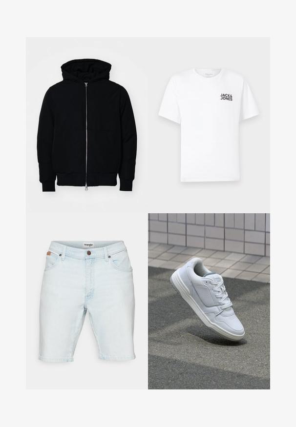 Juodas gobtuvėlis su priekiniu užtrauktuku, kengūros tipo kišene, lygiais rankogaliais ir apvadu, pateiktas ant vientiso balto fono.; Balta medvilnės marškinėliai su trumpomis rankovėmis ir apvalia kaklo iškirpte. Kairėje krūtinės pusėje yra juodas tekstas "JACK & JONES". Paprastas, vientisas dizainas.; Šviesiai mėlynos džinsinės šortai su klasikiniu kirpimu, turintys penkis kišenes, užtrauktuką ir prekės ženklo odinį ženklelį ant liemens.; Baltos odinės sportinės bateliai su perforuotais šonais, tekstūruotais akcentais, plokščiomis raištelėmis ir kontrastingu pilku kulnu. Yra šiek tiek pakelti padas.