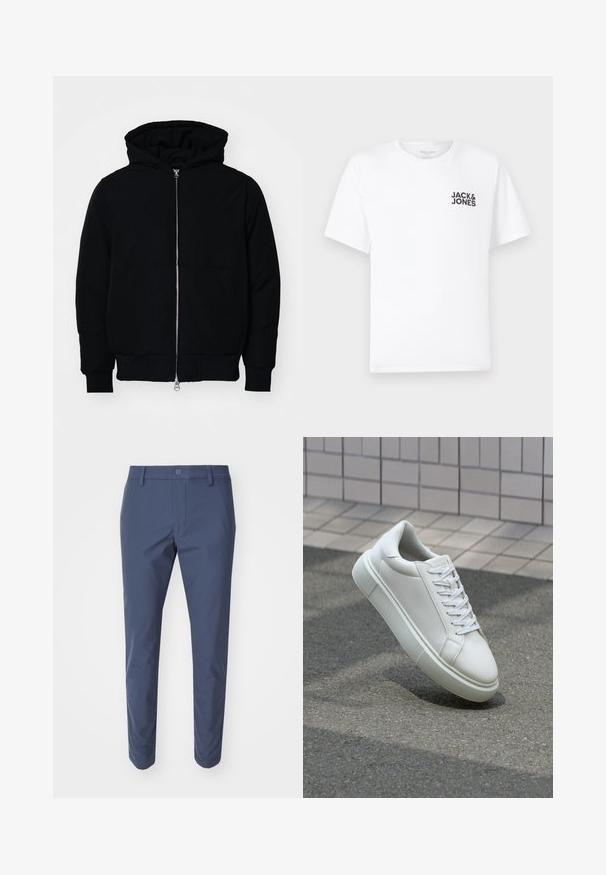 Mustat huppu-untuvatakki, jossa on vetoketju edessä, kenguru-tasku, ribatut hihansuut ja helma, esillä yksinkertaisella valkoisella taustalla.; Valkoinen puuvillapaita, lyhyet hihat, pyöreä kaula-aukko. Vasemmassa rintakehässä musta tekstilogo "JACK & JONES". Yksinkertainen, neutraali muotoilu.; Siniset housut, jotka on valmistettu sileästä kankaasta, varustettuna nappikiinnityksellä ja kapealla designilla. Tasaista etupintaa ilman näkyviä kuvioita tai aksentteja.; Valkoinen nahkainen lenkkari, jossa on sileä pinta, pyöreä kärki ja tasaiset valkoiset nauhat. Varustettu teksturoidulla kumi-pohjalla ja vähäisillä muotoiluelementeillä.