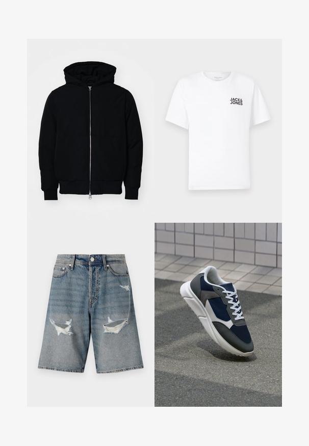 Zwarte hoodie met rits aan de voorkant, kangoeroe-pocket, geribbelde manchetten en zoom, weergegeven op een effen witte achtergrond.; Witte katoenen t-shirt, korte mouwen, ronde hals. Kenmerkt zich door het zwarte tekstlogo "JACK & JONES" op de linkerkant van de borst. Eenvoudig, strak ontwerp.; Lichtblauwe denim shorts met versleten plekken en rafelige randen. Voorzien van standaardzakken en een knoopsluiting bij de taille.; Sneaker met een marineblauwe mesh bovenwerk, grijze suède accenten, witte rubberen zool en platte witte veters, ontworpen voor comfort en ademend vermogen.