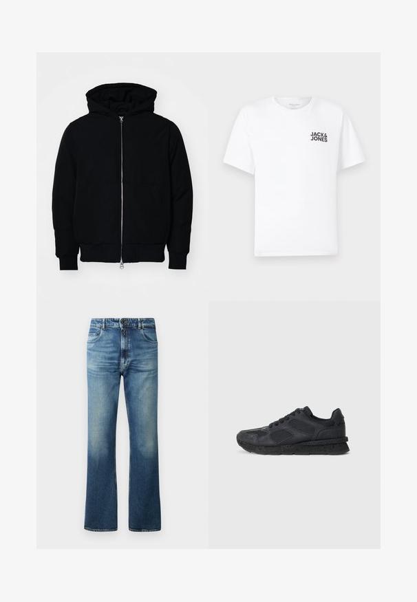 Svart hettejakke med frontglidelås, kengurulomme, ribbestrikket mansjetter og søm, vist på en ensfarget hvit bakgrunn.; Hvit bomull T-skjorte, korte ermer, rund hals. Har svart tekstlogo "JACK & JONES" på venstre brystområde. Enkel, ensfarget design.; Blå denimjeans med flared ben design, med en falmet vask, fem lommer og knappeåpning.; Replay ARTHUR ATOM - Joggesko - black