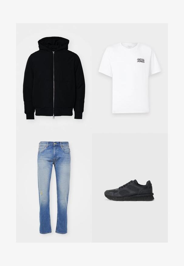 Juodas gobtuvėlis su priekiniu užtrauktuku, kengūros tipo kišene, lygiais rankogaliais ir apvadu, pateiktas ant vientiso balto fono.; Balta medvilnės marškinėliai su trumpomis rankovėmis ir apvalia kaklo iškirpte. Kairėje krūtinės pusėje yra juodas tekstas "JACK & JONES". Paprastas, vientisas dizainas.; Šviesiai mėlyni džinsai su tiesiomis kojomis, turintys nuvalytų vietų, mažą nusidėvėjimo sritį ir klasiką penkių kišenių dizainą.; Replay ARTHUR ATOM - Sportbačiai - black