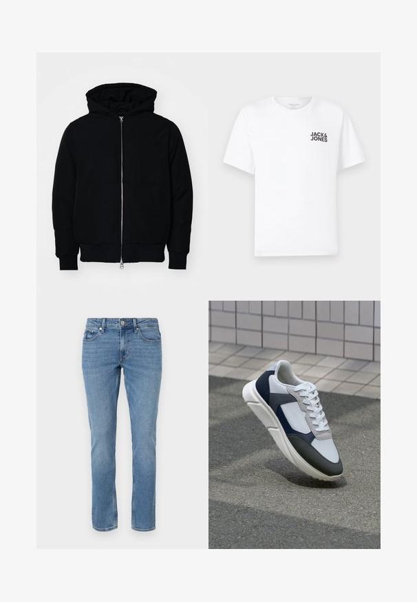 Melna kapucēta jaka ar priekšējo rāvējslēdzēju, kenguru kabatu, ribinātām aprocēm un apakšmalu, parādīta uz vienkārša balta fona.; Balts kokvilnas t-krekls, īsām piedurknēm, apaļo kakla izgriezumu. Uz kreisās krūts daļas ir melna teksta druka "JACK & JONES". Vienkāršs, bezpušķains dizains.; Zili taisni džinsi no denima ar priekšējām kabatām, jostas cilpām un pogu aizdari.; Balti, tumši zili un pelēki sporta apavi ar jauktu materiālu dizainu, kuram ir teksturēts augšdaļa, plakani šņores un mīkstināta zole.
