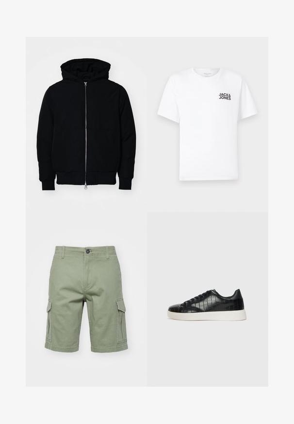 Mustaga kapuutsiga jakk, millel on esineed, kenguru tasku, soonikkoes, ja alläär, esitatud lihtsal valgel taustal.; Valge puuvillane T-särk, lühikeste varrukatega, ümmarguse kaelusega. Vasakul rinnal on musta teksti logoga "JACK & JONES". Lihtne, üksikasjadeta disain.; Roheline puuvillane kaubajakk, millel on küljetaskud, nupuga sulgemine ja õmblustega servad. Disain on sirge lõikega ja serv on viimistletud.; Mustad mustad mustad kroko-reljeefiga nahast ülemine osa, ümar varvas ja kontrastne valge kummitald, millel on sile viimistlus.