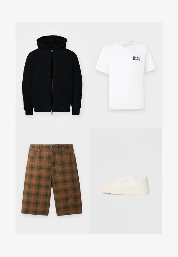 Veste à capuche noire avec fermeture éclair sur le devant, poche kangourou, poignets et ourlet côtelés, présentée sur un fond blanc uni.; T-shirt en coton blanc, à manches courtes, col rond. Présente un logo en texte noir "JACK & JONES" sur la poitrine gauche. Design simple et sobre.; Shorts à carreaux marron avec un motif texturé, présentant une coupe classique, cinq poches et des accessoires en métal à la taille.; Baskets blanches sans lacets avec une surface texturée, une semelle épaisse et un design minimaliste. Présente le logo de la marque sur le côté.