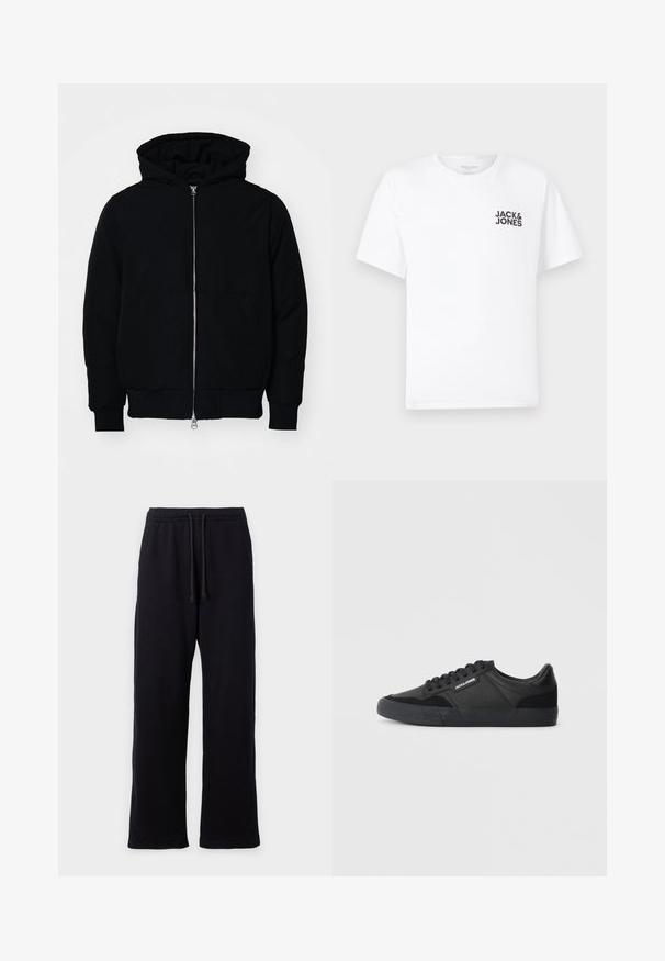 Schwarze Kapuzenjacke mit Frontreißverschluss, Kängurutasche, gerippten Bündchen und Saum, auf einem schlichten weißen Hintergrund präsentiert.; Weißes Baumwoll-T-Shirt mit kurzen Ärmeln und Rundhalsausschnitt. Enthält ein schwarzes Textlogo "JACK & JONES" auf der linken Brustseite. Einfaches, schlichtes Design.; Schwarze Jogginghosen mit geradem Bein-Design, ausgestattet mit einem elastischen Bund und Kordelzug zur Anpassung. Weicher, strukturierter Stoff.; Schwarze Sneaker aus einer Mischung von Leder und Wildleder, mit runden Schnürsenkeln, einer strukturierten Gummisohle und einem Markenlogo an der Seite.