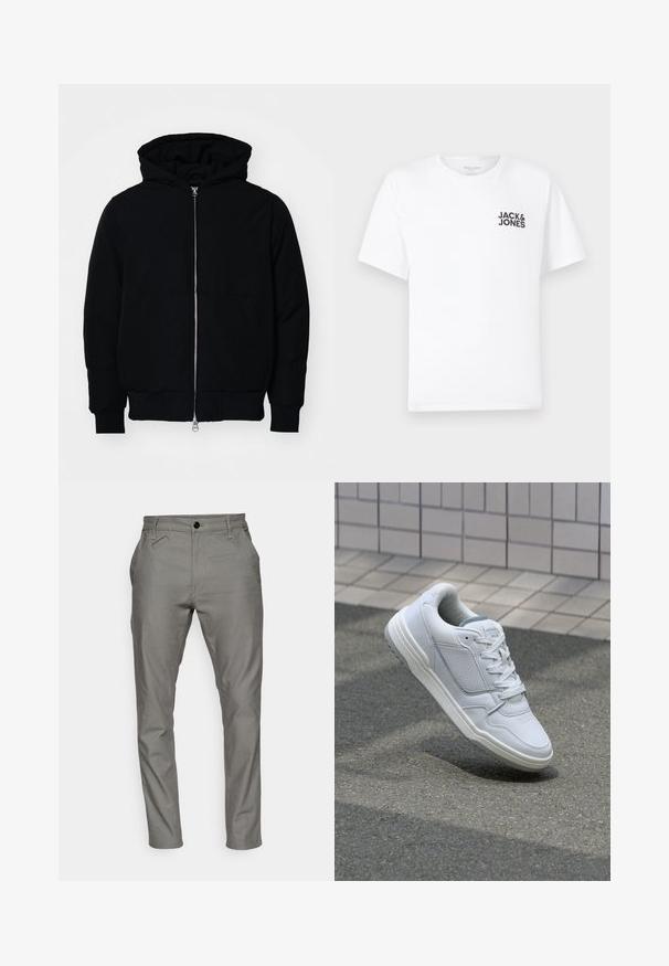 Black hooded jacket with front zipper, kangaroo pocket, ribbed cuffs, and hem, displayed on a plain white background.; White cotton t-shirt, short sleeves, crew neck. Features black text logo "JACK & JONES" on the left chest area. Simple, plain design.; Grey trousers made from a smooth fabric, featuring a button closure, side pockets, and a tapered fit with stitched detailing.; White leather sneaker with perforated sides, textured accents, flat laces, and a contrasting gray heel. Features a slightly elevated sole.