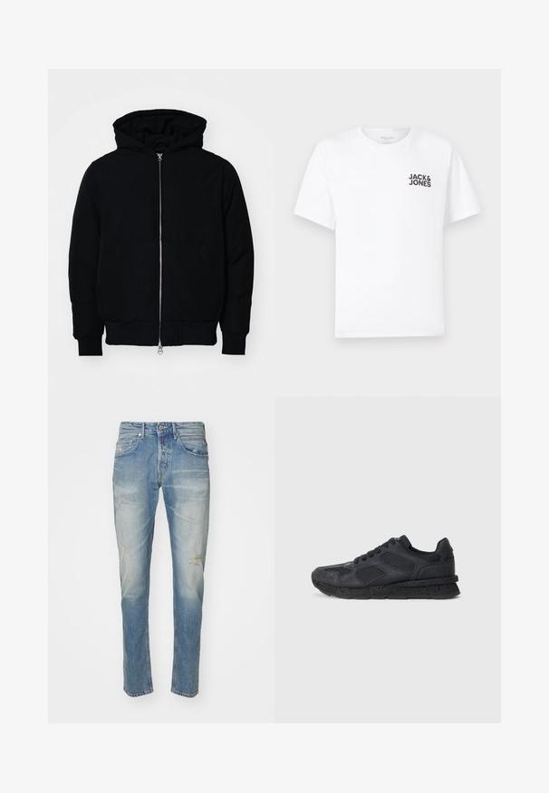Mustaga kapuutsiga jakk, millel on esineed, kenguru tasku, soonikkoes, ja alläär, esitatud lihtsal valgel taustal.; Valge puuvillane T-särk, lühikeste varrukatega, ümmarguse kaelusega. Vasakul rinnal on musta teksti logoga "JACK & JONES". Lihtne, üksikasjadeta disain.; Heledad sinised teksad, millel on kulunud viimistlus, kerge kulumine põlvede juures, sirge jala disain, viie tasku stiil ja metallnupp kinni.; Replay ARTHUR ATOM - Tossud - black