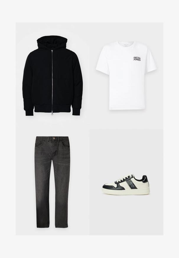 Fekete kapucnis dzseki elülső cipzárral, kenguruzsebbel, bordázott mandzsettákkal és aba, egy sima fehér háttér előtt.; Fehér pamut póló, rövid ujjú, kerek nyakkivágással. A bal mellrészen található a fekete "JACK & JONES" feliratú logó. Egyszerű, sima dizájn.; Fekete farmernadrág egyenes szabással, öt zsebbel és gombos záródással. Az anyag sima textúrájú, enyhe fakulással.; Fekete és krém színű bőrsneaker, perforált díszítésekkel, párnázott bokapánttal és texturált talppal.