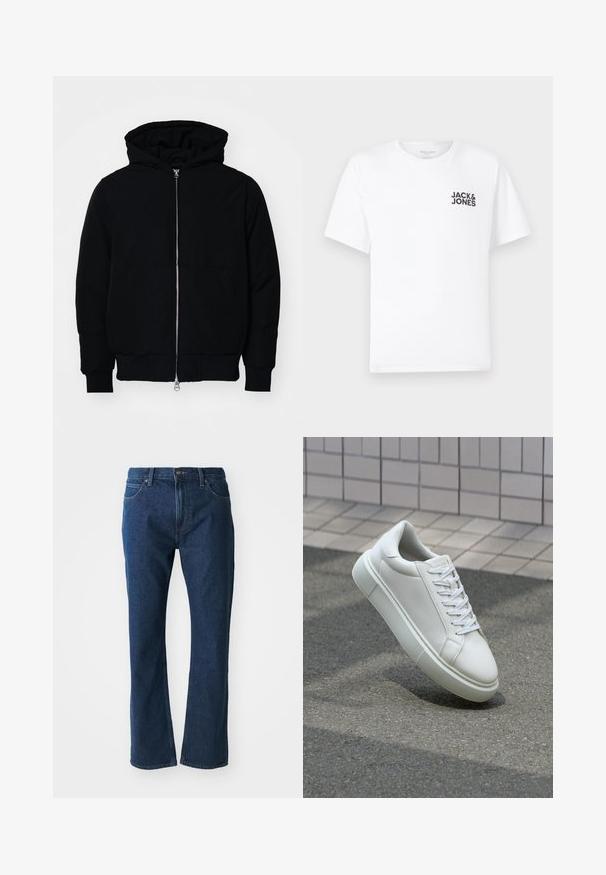 Giacca nera con cappuccio, dotata di zip frontale, tasca a marsupio, polsini e orlo a coste, esposta su uno sfondo bianco semplice.; T-shirt bianca in cotone, maniche corte, collo rotondo. Presenta un logo in testo nero "JACK & JONES" nell'area sinistra del petto. Design semplice e minimale.; Jeans in denim blu scuro con taglio dritto, chiusura frontale con bottone e zip, passanti per cintura e tasche anteriori e posteriori.; Sneaker bianco in pelle con superficie liscia, punta rotonda e lacci piatti bianchi. Presenta una suola in gomma texturizzata e un design minimale.
