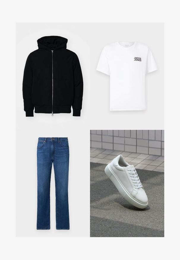 Svart hettejakke med frontglidelås, kengurulomme, ribbestrikket mansjetter og søm, vist på en ensfarget hvit bakgrunn.; Hvit bomull T-skjorte, korte ermer, rund hals. Har svart tekstlogo "JACK & JONES" på venstre brystområde. Enkel, ensfarget design.; Mørkeblå denimjeans med rett benutforming, fem lommer og knappelukking i livet. Glatt tekstur med subtil fading.; Hvit lær sneaker med glatt overflate, rund tå og flate hvite snøringer. Har en teksturert gummisåle og minimale design elementer.