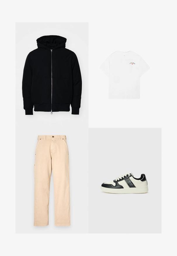 Schwarze Kapuzenjacke mit Frontreißverschluss, Kängurutasche, gerippten Bündchen und Saum, auf einem schlichten weißen Hintergrund präsentiert.; Weißes Baumwoll-T-Shirt mit kurzen Ärmeln, rundem Halsausschnitt und einem kleinen Grafik mit der Aufschrift „LA VILLE LUMIÈRE“ in Schwarz und Rot auf dem oberen Rücken.; Beige Baumwollhose mit geradem Bein, ausgestattet mit Seitentaschen, Gürtelschlaufen und vorderem Knopfverschluss. Glatte Textur, minimalistisches Design.; Leder-Sneaker in Schwarz- und Cremetönen, mit perforierten Akzenten, einem gepolsterten Kragen und einer strukturierten Laufsohle.