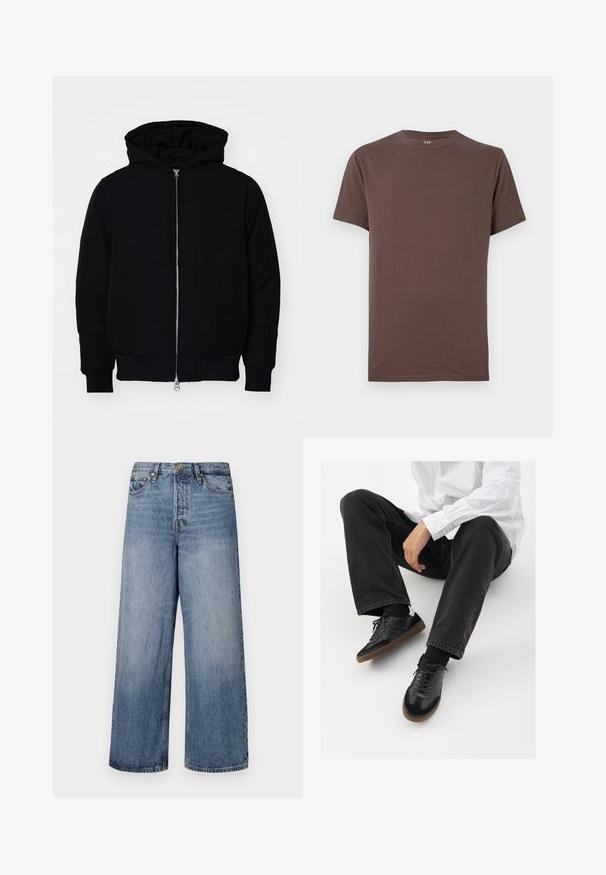 Juodas gobtuvėlis su priekiniu užtrauktuku, kengūros tipo kišene, lygiais rankogaliais ir apvadu, pateiktas ant vientiso balto fono.; Ruda medvilnė t-shirt su apvaliu kaklu, trumpomis rankovėmis ir sklandžiu paviršiumi. Nėra matomų raštų ar akcentų. Standartinio kirpimo dizainas.; Platus blekno džinsai su išblukusiu skalbimu, penkių kišenių dizainu ir mygtukų uždarymu. Įrengti diržo kilpomis ir siuvinėjimu.; Juodi sportbačiai su lygiu ir tekstūruotu paviršiumi, turi guminį padas ir tamsias raištelius. Suderinti su juodomis džinsais ir balta juostuota marškinėliais.