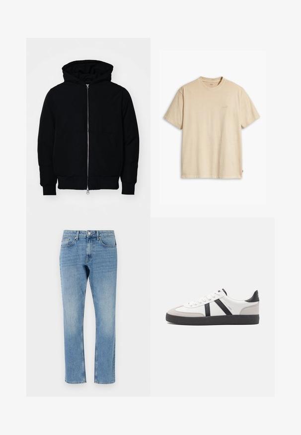 Mustaga kapuutsiga jakk, millel on esineed, kenguru tasku, soonikkoes, ja alläär, esitatud lihtsal valgel taustal.; Beige puuvillane T-särk ümmarguse kaeluse ja lühikeste varrukatega. Rinnal on peene "Levi's" logo samas värvis. Pehme tekstuur.; Heledad sinine denimist teksapüksid, sirge jala disainiga, viie taskuga ja nupuga sulgemine. Omab tuhmistatud viimistlust klassikalise tekstuuriga.; Valged tossud mustade ja hallide aktsentidega, tekstureeritud halli varbakattega, musta kummitald ja lamedad valged paelad. Puhtad jooned, minimalistlik stiil.