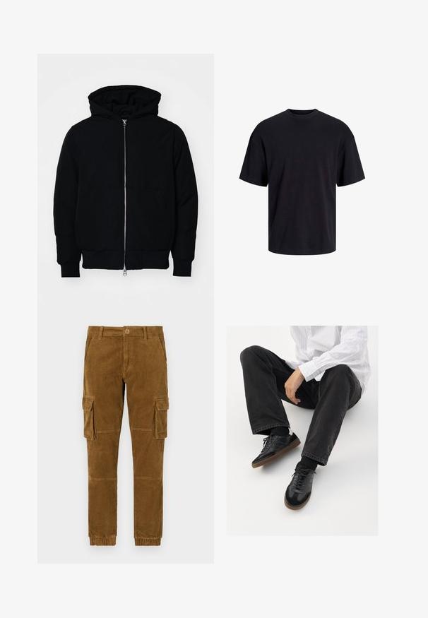 Melna kapucēta jaka ar priekšējo rāvējslēdzēju, kenguru kabatu, ribinātām aprocēm un apakšmalu, parādīta uz vienkārša balta fona.; Melns kokvilnas T-krekls ar apaļu kakla izgriezumu, īsām piedurknēm un brīvu piegriezumu. Gluda tekstūra un nav redzamu rakstu vai akcentu.; Brūni korduroja kargo bikses ar sašaurinātu piegriezumu, kurām ir sānu kabatas, pogu aizdare un elastīgi aproces pie potītēm.; Melnas sporta kurpes ar gludu un teksturētu virsu, apgādātas ar gumijas zoli un tumšiem auklām. Saskaņotas ar melniem džinsiem un baltu svītrainu krekls.
