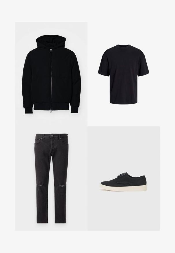 Mustaga kapuutsiga jakk, millel on esineed, kenguru tasku, soonikkoes, ja alläär, esitatud lihtsal valgel taustal.; Must must on mustre, lühikeste varrukatega ja vabalt langev. Sile tekstuur ja ilma nähtavate mustrite või aktsentideta.; Must have sinine teksad kitsas lõikes, mis sisaldavad kahte kulunud põlveava ja standardset viie tasku disaini. Pehme tekstuur, minimaalne riistvara.; Must musta lakkidega kingad, ümarate varvastega, kerge kreemivärvi tallaga ning peene sinise õmblusega pealispinnal.