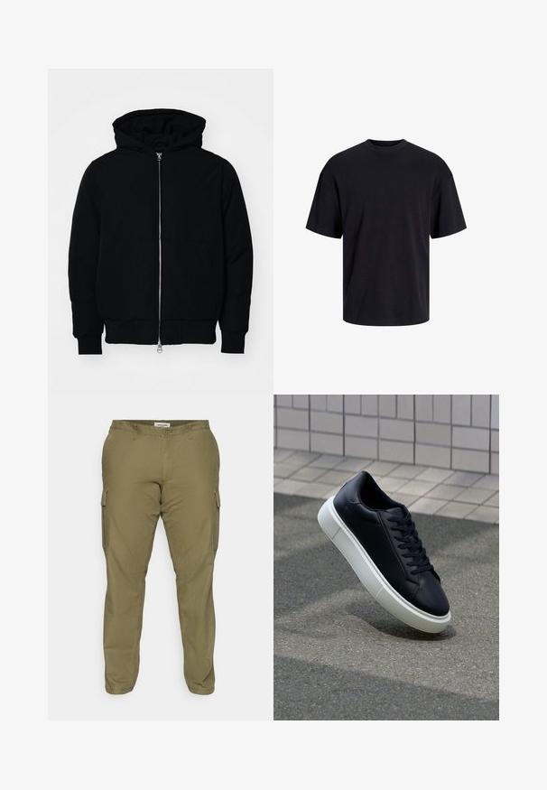 Melna kapucēta jaka ar priekšējo rāvējslēdzēju, kenguru kabatu, ribinātām aprocēm un apakšmalu, parādīta uz vienkārša balta fona.; Melns kokvilnas T-krekls ar apaļu kakla izgriezumu, īsām piedurknēm un brīvu piegriezumu. Gluda tekstūra un nav redzamu rakstu vai akcentu.; Oliņu zaļie kargo bikses, izgatavotas no kokvilnas auduma, ar sānu kabatām, jostu cilpām un taisnu kāju dizainu. Gluda tekstūra.; Melnas ādas kedas ar noapaļotu pirkstu un baltu gumijas zoli. Iespējas - plakanas šņorītes un minimāla apdare augšdaļā. Struktūrēta zole, lai nodrošinātu saķeri.