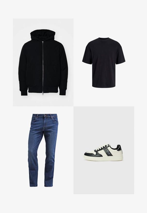 Svart hettejakke med frontglidelås, kengurulomme, ribbestrikket mansjetter og søm, vist på en ensfarget hvit bakgrunn.; Svart bomull t-skjorte med rund hals, korte ermer og en avslappet passform. Glatt tekstur uten synlige mønstre eller detaljer.; Mørkeblå denimjeans med rett passform, som har fem lommer, knappestolpe og diskret slitasje på lårene.; Lædersneakers med sort og creme farveskema, der har perforerede detaljer, en polstret krave og en struktureret ydersål.