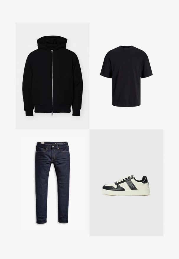 Svart huoodiejacka med framdragkedja, känguruficka, ribbade ärmslut och nederkant, uppställd mot en vit bakgrund.; Svart bomullströja med rundad halsringning, korta ärmar och avslappnad passform. Slät textur utan synliga mönster eller detaljer.; Mörkblå denimjeans med slim fit, med orange sömmar, femficksdesign och metallbeslag. Slät textur, utan mönster.; Läder sneakers med en svart och krämfärgad färgsättning, med perforerade detaljer, en vadderad krage och en strukturerad yttersula.