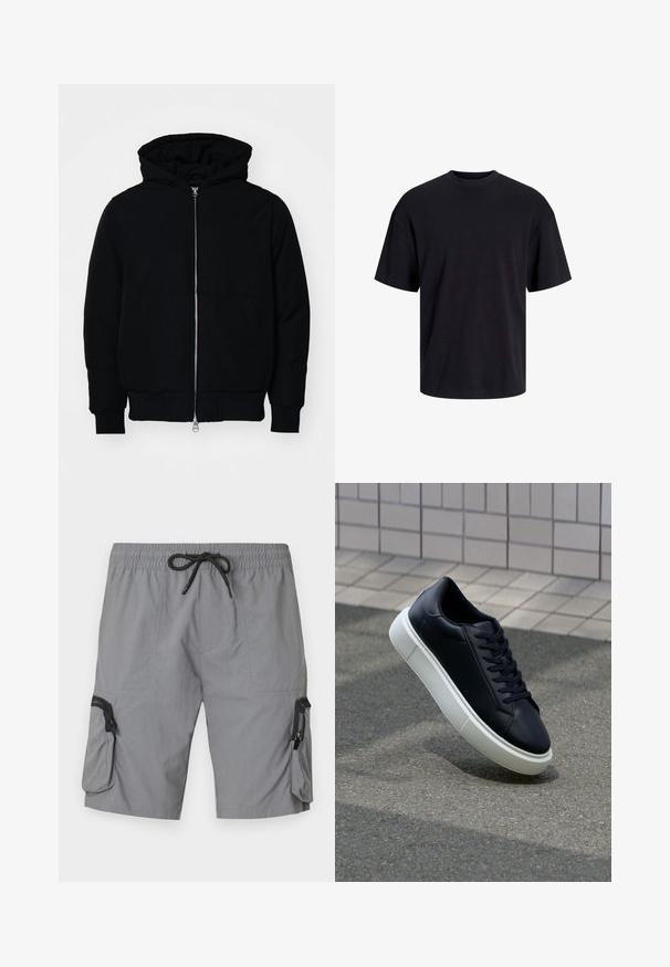Crna kapuška jakna s prednjim zatvaračem, kenguru džepom, rebrastim manžetama i rubom, prikazana na običnoj bijeloj pozadini.; Crna pamučna majica s okruglim izrezom, kratkim rukavima i opuštenim krojem. Glatka tekstura bez vidljivih uzoraka ili dekoracija.; Sive cargo šortsevi izrađeni od lagane tkanine, s elastičnim pojasom s vezicom, bočnim džepovima i dekorativnim zatvorenim džepom.; Crne kožne tenisice s zaobljenim vrhom i bijelim gumiranim potplatom. Imaju ravne vezice i minimalno šivanje na gornjem dijelu. Teksturirani potplat za bolje prianjanje.