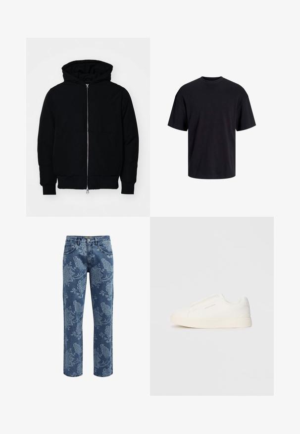 Melna kapucēta jaka ar priekšējo rāvējslēdzēju, kenguru kabatu, ribinātām aprocēm un apakšmalu, parādīta uz vienkārša balta fona.; Melns kokvilnas T-krekls ar apaļu kakla izgriezumu, īsām piedurknēm un brīvu piegriezumu. Gluda tekstūra un nav redzamu rakstu vai akcentu.; Denim bikses ar zilu ziedu rakstu. Taisna kāju dizains, vidēji gaišs mazgājums, pieci kabatas, pogu un rāvējslēdzēja aizdare, un jostas cilpas.; Baltas slip-on sporta apavi ar teksturētu virsmu, biezu zoli un minimālistisku dizainu. Sānos redzams zīmola logotips.