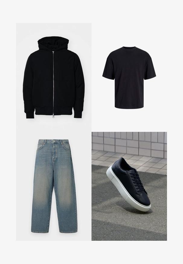 Black hooded jacket with front zipper, kangaroo pocket, ribbed cuffs, and hem, displayed on a plain white background.; Black cotton t-shirt with a crew neckline, short sleeves, and a relaxed fit. Smooth texture and no visible patterns or accents.; Light blue denim wide-leg jeans with a high waist, four pockets, and contrasting stitching. Smooth texture with a faded finish.; Black leather sneaker with rounded toe and white rubber sole. Features flat laces and minimal stitching on the upper. Textured sole for grip.