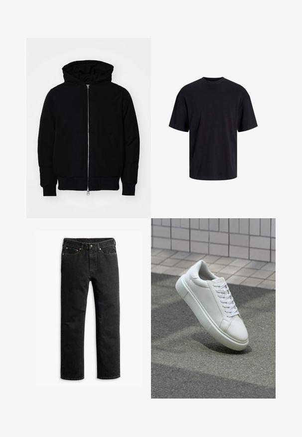 Crna kapuška jakna s prednjim zatvaračem, kenguru džepom, rebrastim manžetama i rubom, prikazana na običnoj bijeloj pozadini.; Crna pamučna majica s okruglim izrezom, kratkim rukavima i opuštenim krojem. Glatka tekstura bez vidljivih uzoraka ili dekoracija.; Crne traperice ravnog kroja s pet džepova, petljama za remen i gumbom na struku, položene su ravno na bijeloj pozadini.; Bijela kožna tenisica s glatkom površinom, okruglim vrhom i ravnim bijelim vezicama. Ima teksturiran gumeni potplat i minimalne dizajnerske elemente.