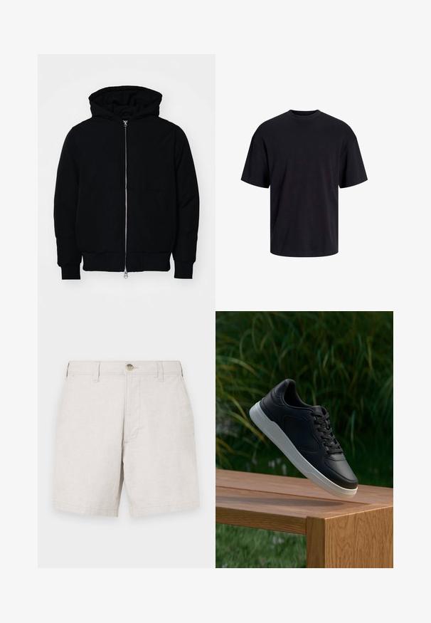 Black hooded jacket with front zipper, kangaroo pocket, ribbed cuffs, and hem, displayed on a plain white background.; Black cotton t-shirt with a crew neckline, short sleeves, and a relaxed fit. Smooth texture and no visible patterns or accents.; Beige linen shorts with a straight cut, featuring a front button closure, belt loops, and two side pockets. Textured fabric.; Black sneaker with white sole suspended above wooden bench, green foliage in the blurred background.