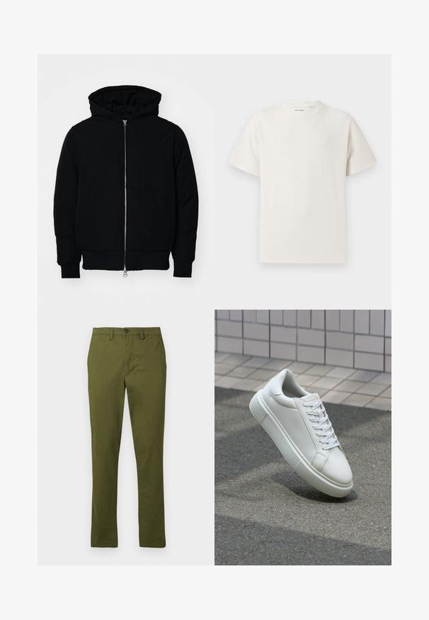 Svart huoodiejacka med framdragkedja, känguruficka, ribbade ärmslut och nederkant, uppställd mot en vit bakgrund.; Vit t-shirt med kort ärm i ribbad struktur. Rund halsringning, löst sittande passform, inga synliga mönster eller detaljer. Enkelt och mångsidigt design.; Olivgröna bomullsbukser, rak bendesign, knäppning fram, med bältesluvar och sidofickor, slät textur, utan mönster.; Vit lädersneaker med en slät yta, rund tå och platta vita snören. Har en texturerad gummisula och minimalistiska designelement.