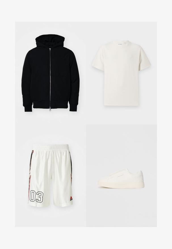 Svart hettejakke med frontglidelås, kengurulomme, ribbestrikket mansjetter og søm, vist på en ensfarget hvit bakgrunn.; Hvit T-skjorte med kort erm i ribbestrikket tekstur. Rund hals, avslappet passform, ingen synlige mønstre eller detaljer. Enkelt og allsidig design.; Hvite sports-shorts med elastisk midjebånd. Har et stort svart "03" trykk og sidesømmer med et mønstret design. Adidas-logo er tilstede.; Hvite slip-on joggesko med teksturert overflate, tykk såle og minimalistisk design. Har merkevarelogo på siden.
