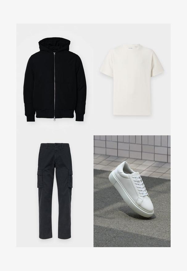 Zwarte hoodie met rits aan de voorkant, kangoeroe-pocket, geribbelde manchetten en zoom, weergegeven op een effen witte achtergrond.; Witte korte mouwen T-shirt met ribbelstructuur. Ronde hals, ontspannen pasvorm, geen zichtbare patronen of accenten. Eenvoudig en veelzijdig ontwerp.; Zwarte cargobroek van stevig materiaal, voorzien van twee zijzakken, rechte pijpen en een knoopsluiting bij de taille.; Witte leren sneaker met een glad oppervlak, ronde neus en platte witte veters. Voorzien van een gestructureerde rubberen zool en minimale ontwerpelementen.