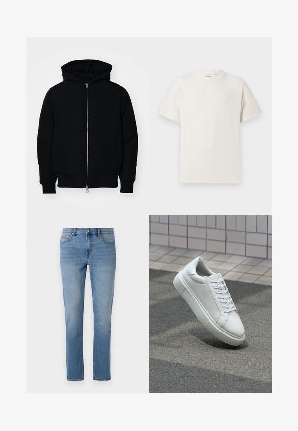 Melna kapucēta jaka ar priekšējo rāvējslēdzēju, kenguru kabatu, ribinātām aprocēm un apakšmalu, parādīta uz vienkārša balta fona.; Balta krūštura īsām piedurknēm ar ribota auduma faktūru. Apaļš kakla izgriezums, brīvs griezums, bez redzamām rakstām vai akcentiem. Vienkāršs un daudzpusīgs dizains.; Gaiši zili džinsi ar taisnu piegriezumu, piecu kabatu dizainu un viegli nodiluši detaļas uz auduma. Metāla poga un rāvējslēdzēja aizdare.; Baltas ādas sporta apavi ar gludu virsmu, apaļu pirkstu un plakanām baltām šņorēm. Iezīmējas ar strukturētu gumijas zoli un minimālisma dizaina elementiem.
