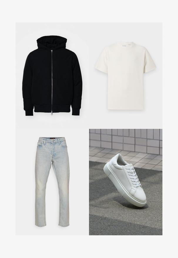 Černá kapucňová bunda s předním zipem, klokaní kapsou, vroubkovanými manžetami a spodním lemem, vystavená na čistém bílém pozadí.; Bílý krátký rukáv tričko s pružnou strukturou. Kulatý výstřih, volný střih, bez viditelných vzorů nebo detailů. Jednoduchý a univerzální design.; Světle modré džíny rovného střihu vyrobené z denimu. Obsahují design s pěti kapsami, poutky na opasek a jemným vyblednutím. Neobsahují viditelné vzory ani akcenty.; Bílé kožené tenisky s hladkým povrchem, kulatou špičkou a plochými bílými tkaničkami. Disponují texturovanou gumovou podrážkou a minimálními designovými prvky.