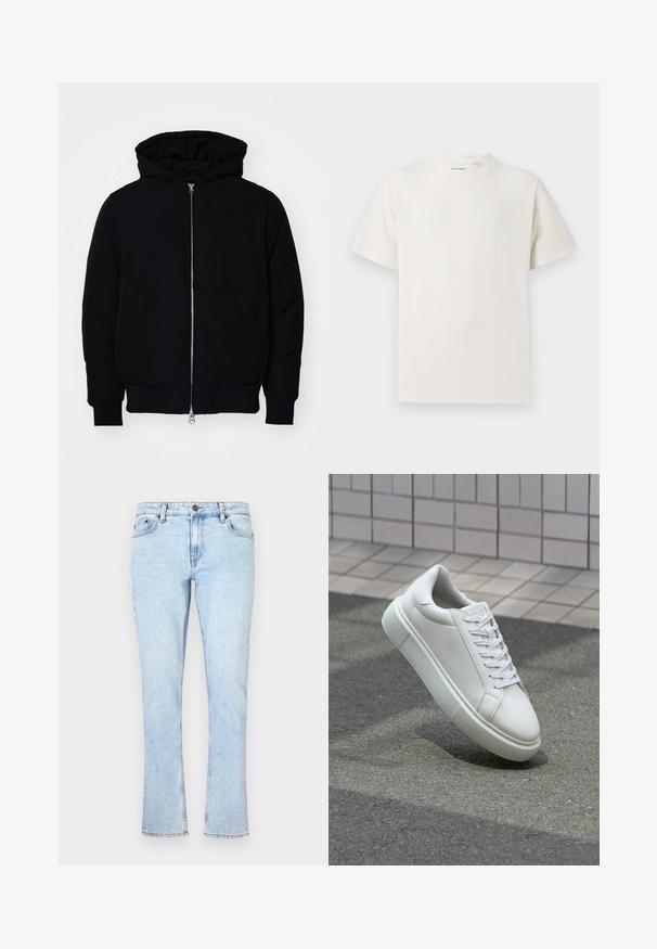 Jachetă neagră cu glugă, cu fermoar în față, buzunar tip kangaroo, mansete și tiv ribbed, prezentată pe un fundal alb simplu.; Tricou alb cu maneci scurte, dintr-un material ribbed. Guler rotund, croi lejer, fără modele sau accente vizibile. Design simplu și versatil.; Jeans din denim bleu deschis cu croiala drept, având închidere cu nasture, cinci buzunare și o ușoară decolorare pentru textură.; Sneaker alb din piele cu o suprafață netedă, vârf rotund și șireturi plate albe. Dispune de o talpă din cauciuc texturată și elemente de design minimale.