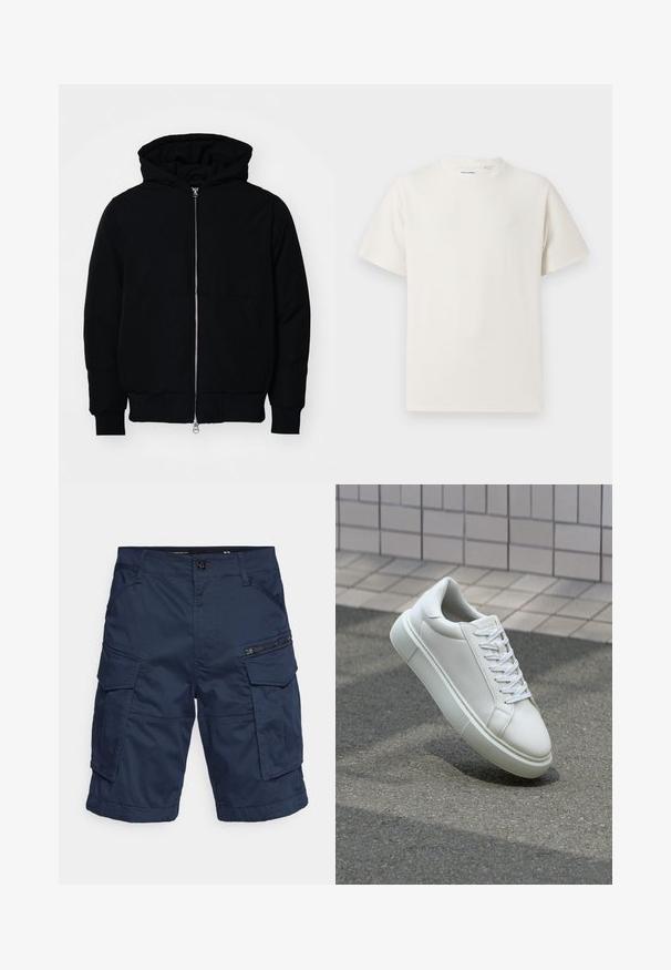 Black hooded jacket with front zipper, kangaroo pocket, ribbed cuffs, and hem, displayed on a plain white background.; White short-sleeve T-shirt in a ribbed texture. Round neckline, relaxed fit, no visible patterns or accents. Simple and versatile design.; Navy blue cargo shorts with multiple pockets, zipper accents, and a button closure. Made from a durable, lightweight fabric for versatility.; White leather sneaker with a smooth surface, round toe, and flat white laces. Features a textured rubber sole and minimal design elements.